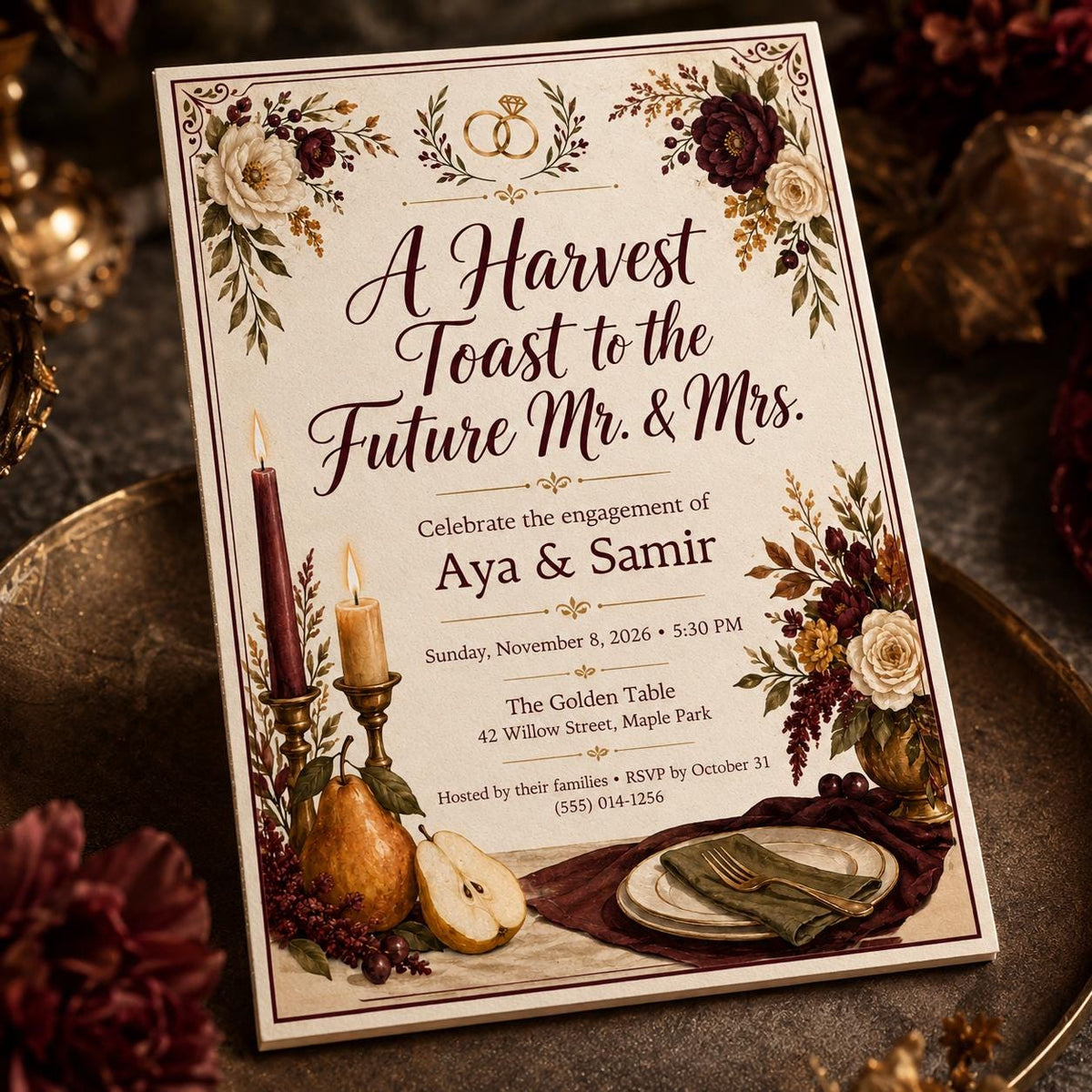 Burgundy Floral Fall Engagement Party Invitation — invitation you personalize in Canva