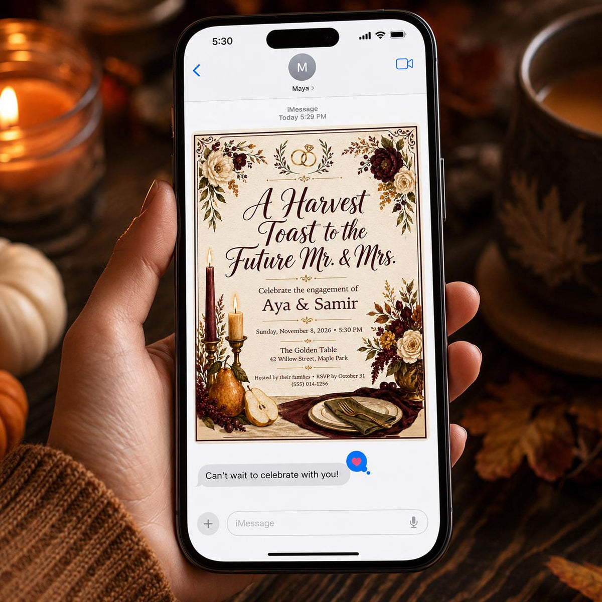 Burgundy Floral Fall Engagement Party Invitation — print-ready engagement party design from VoltBy