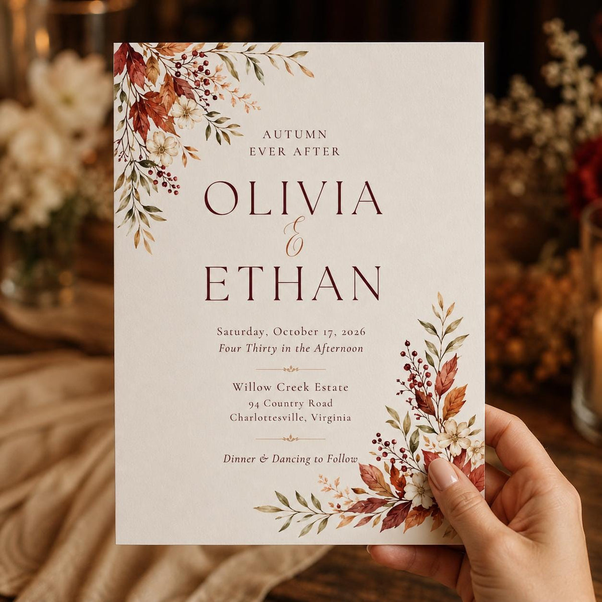 Burgundy Floral Fall Wedding Invitation — boho wedding design