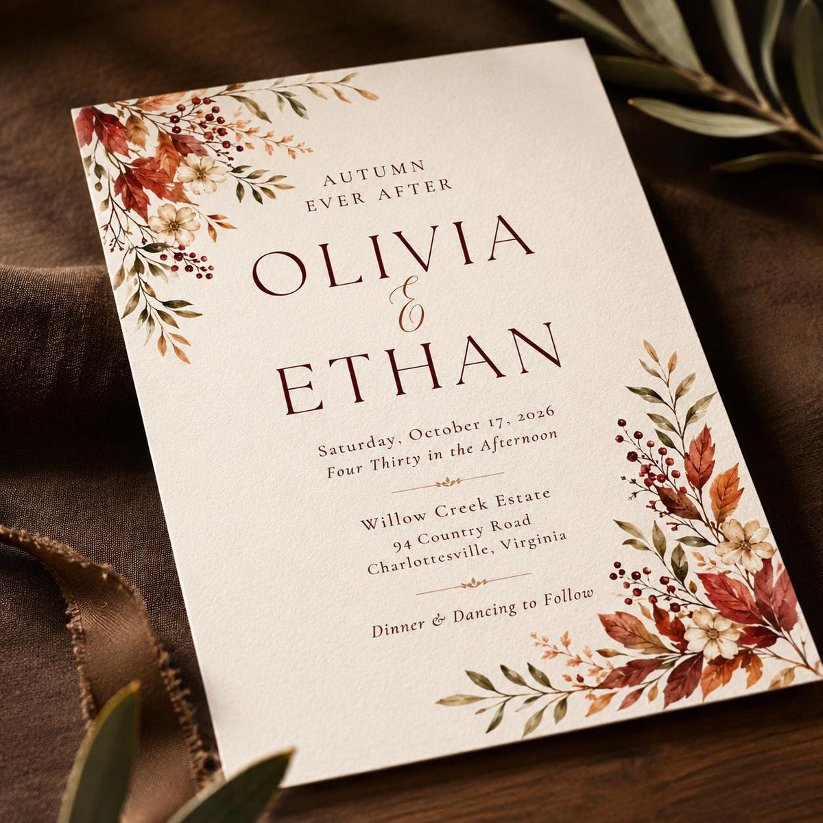 Burgundy Floral Fall Wedding Invitation — digital invitation, instant download