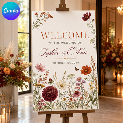 Burgundy Floral Fall Wedding Welcome Sign — editable Canva template