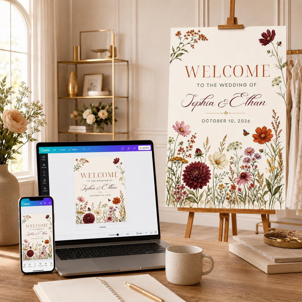 Burgundy Floral Fall Wedding Welcome Sign — wildflower design