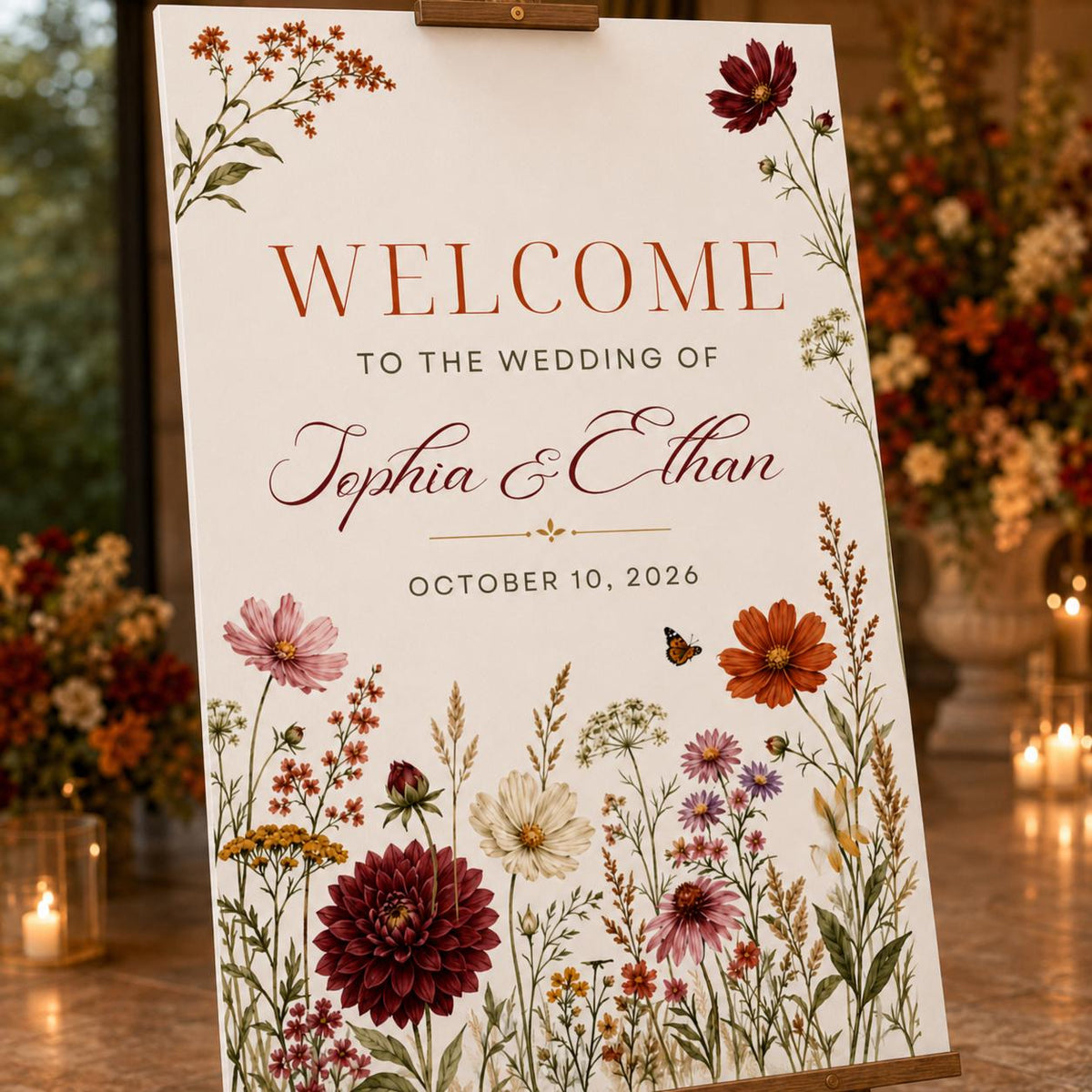 Burgundy Floral Fall Wedding Welcome Sign — welcome sign you personalize in Canva