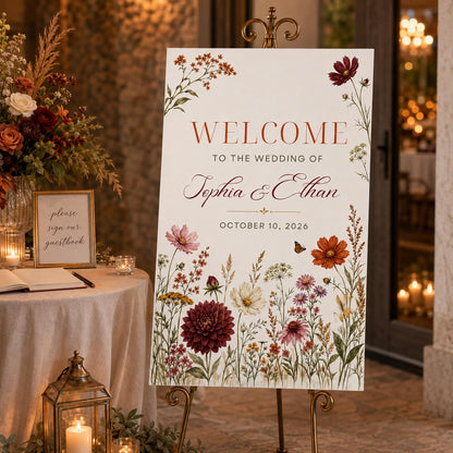 Burgundy Floral Fall Wedding Welcome Sign — print-ready wedding design from VoltBy