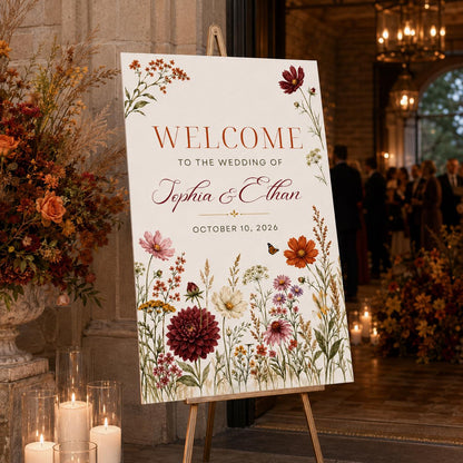 Burgundy Floral Fall Wedding Welcome Sign — digital welcome sign, instant download
