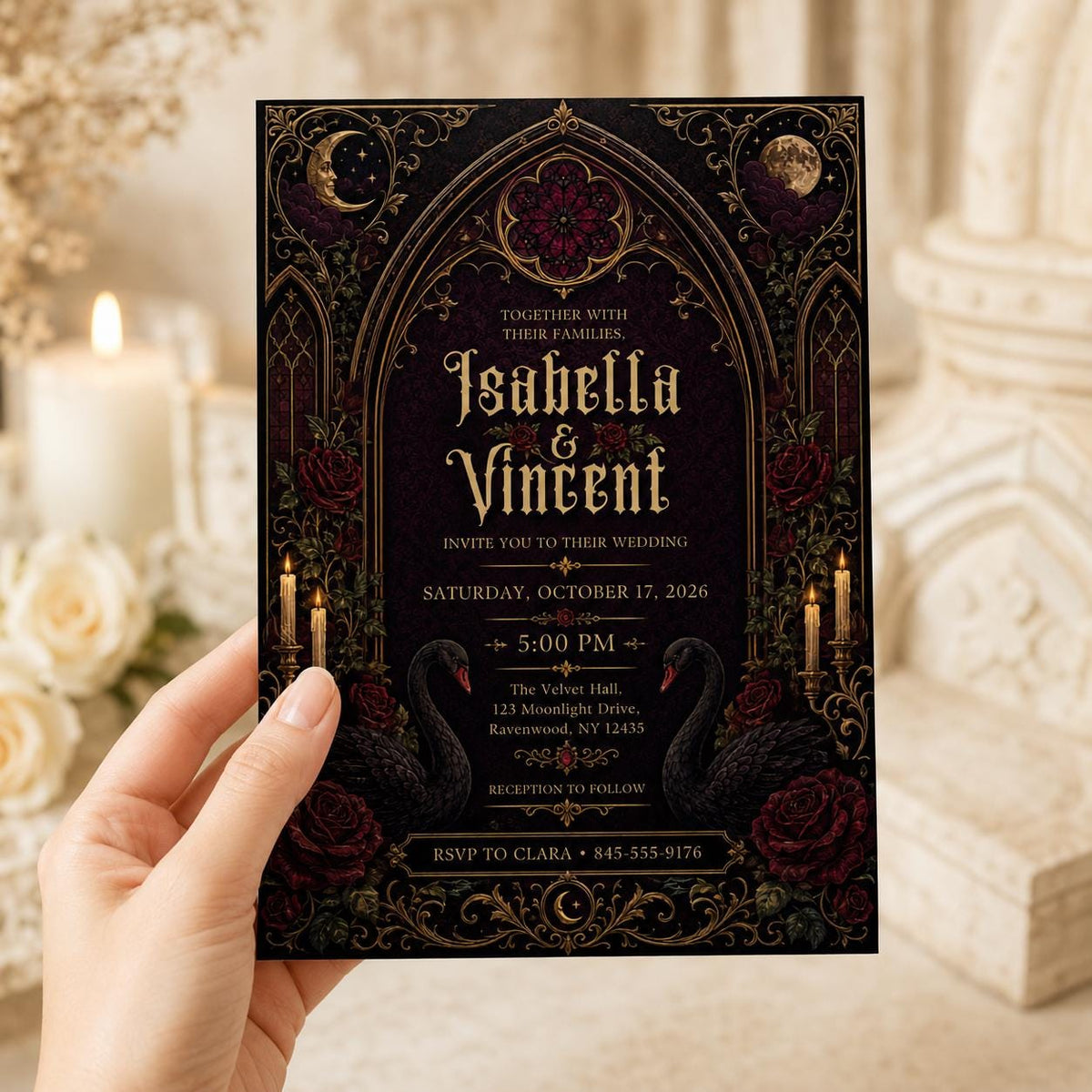 Burgundy Floral Gothic Wedding Invitation — invitation you personalize in Canva