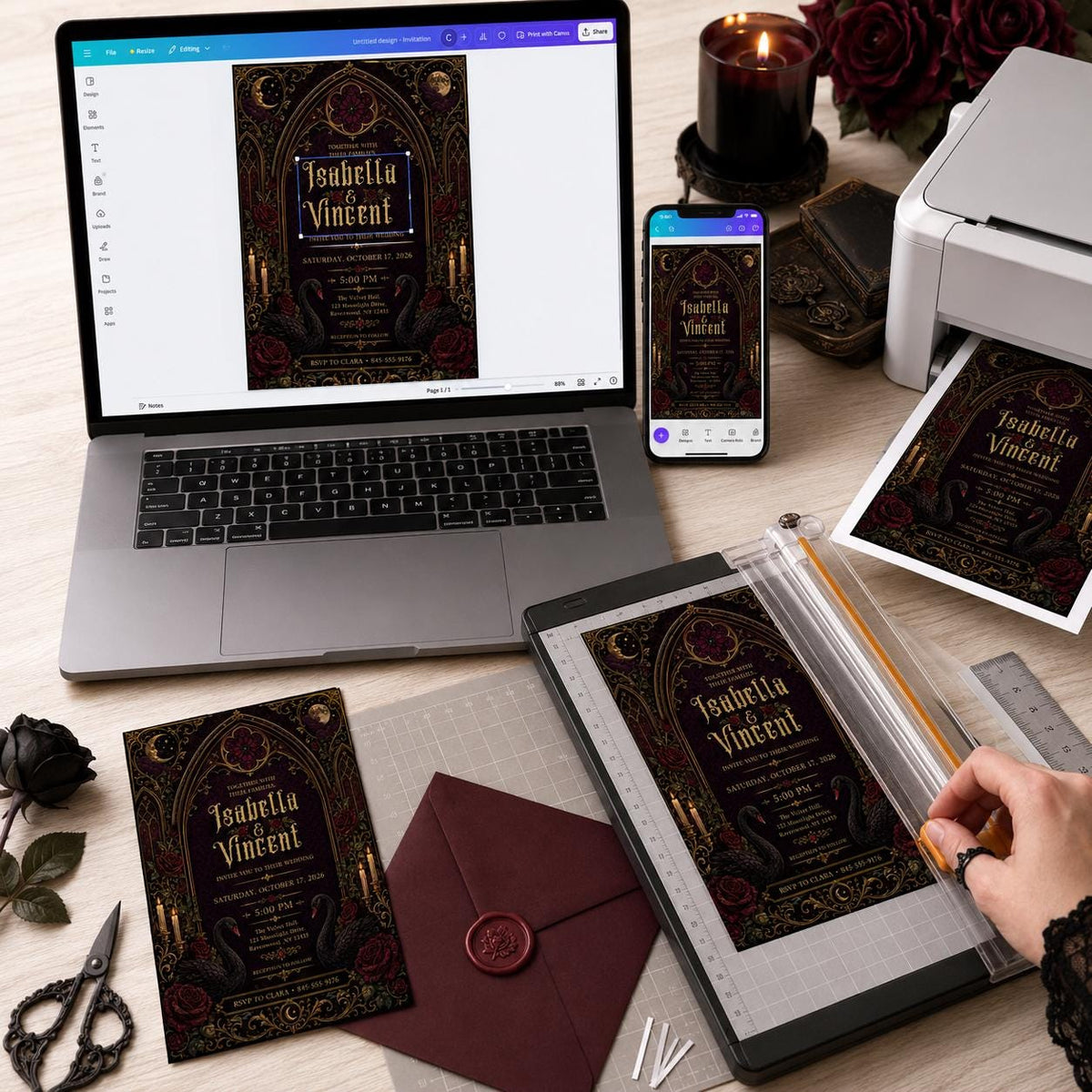 Burgundy Floral Gothic Wedding Invitation — print-ready wedding design from VoltBy