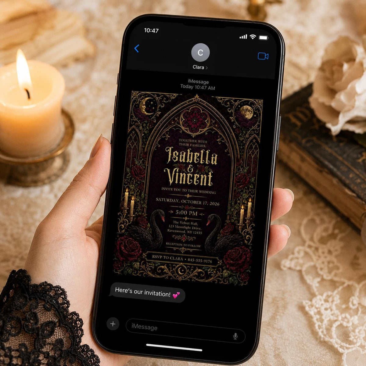 Burgundy Floral Gothic Wedding Invitation — digital invitation, instant download