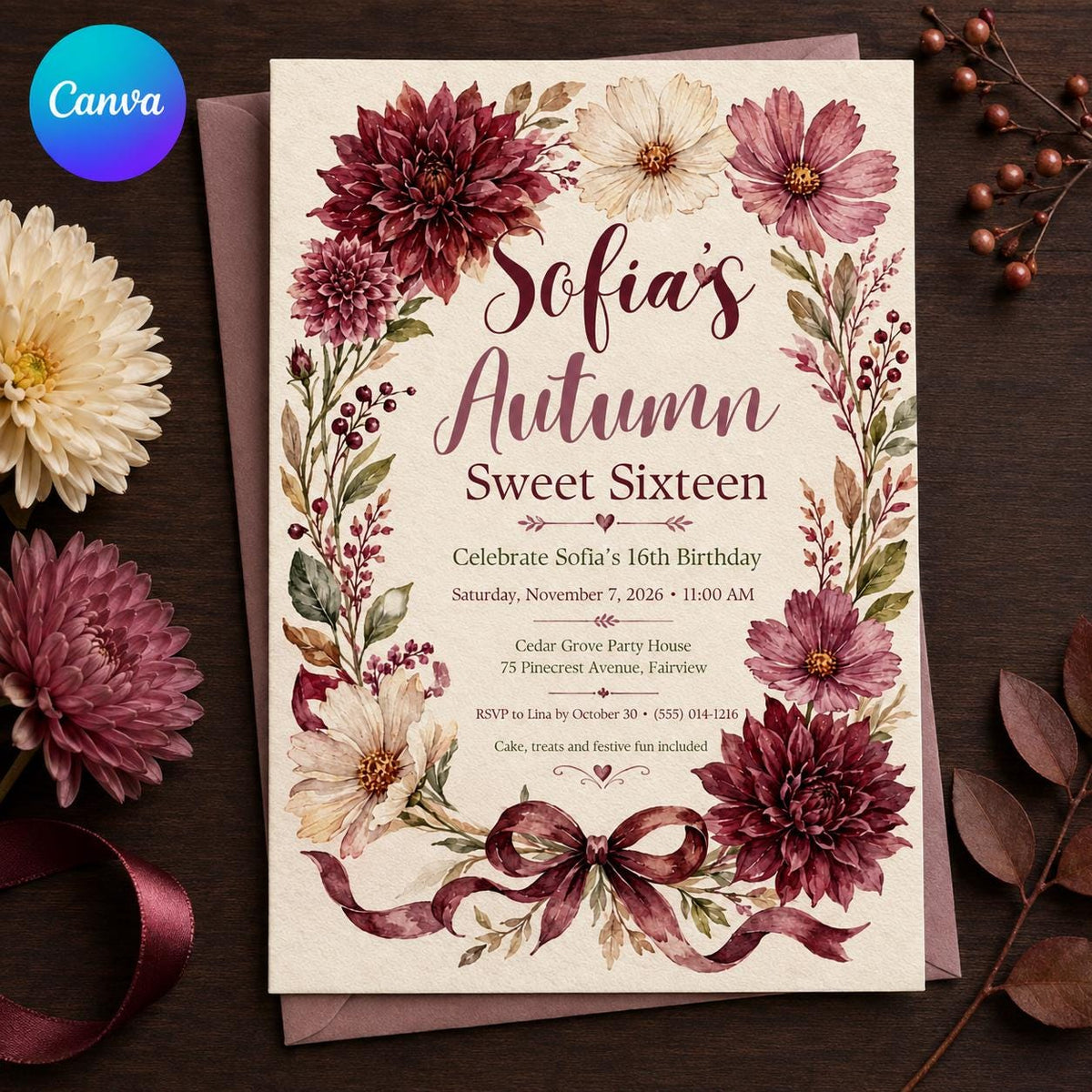Burgundy Floral Sweet 16 Invitation for Girls — editable Canva template