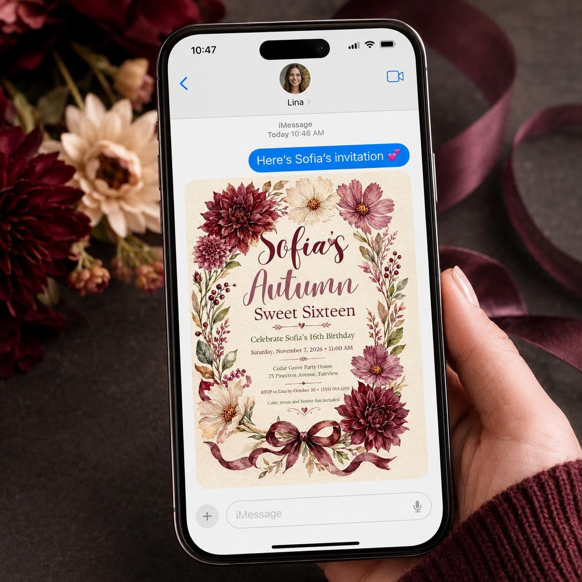 Burgundy Floral Sweet 16 Invitation for Girls — boho sweet 16 design