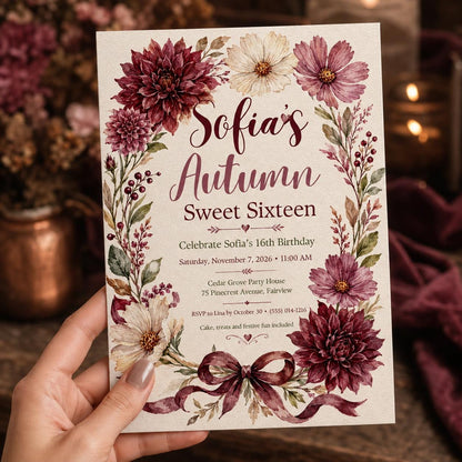 Burgundy Floral Sweet 16 Invitation for Girls — print-ready sweet 16 design from VoltBy