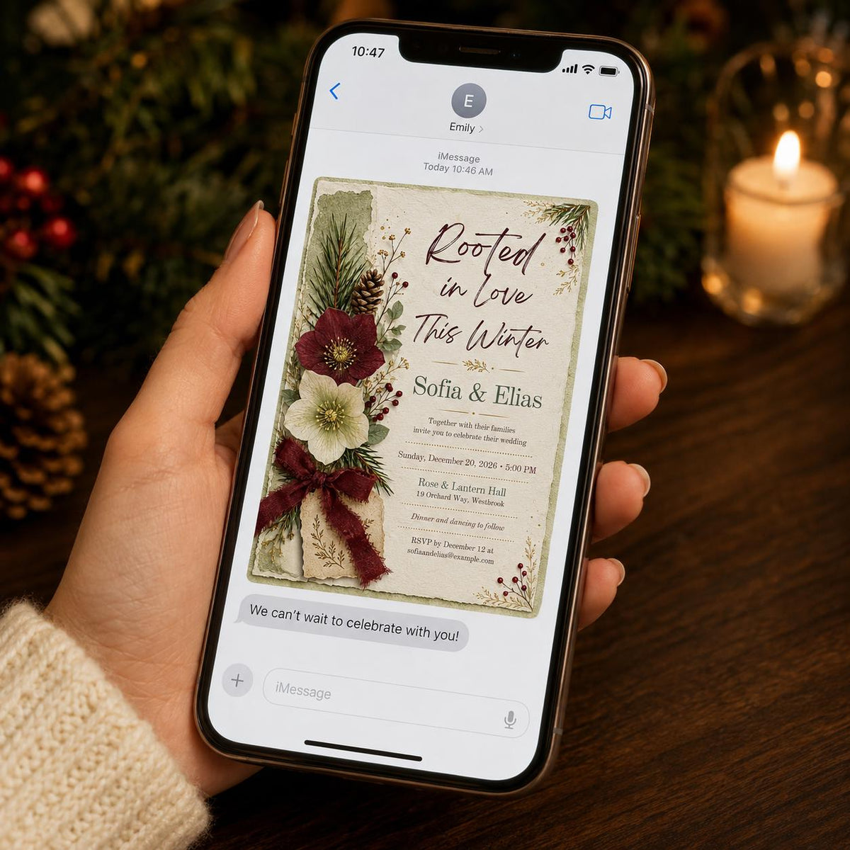 Burgundy Floral Winter Wedding Invitation — greenery design