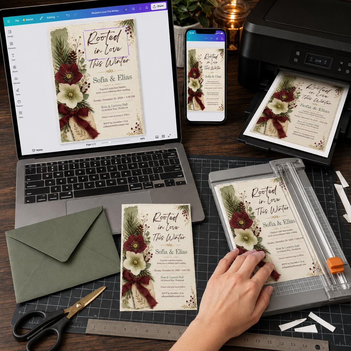 Burgundy Floral Winter Wedding Invitation — botanical wedding design