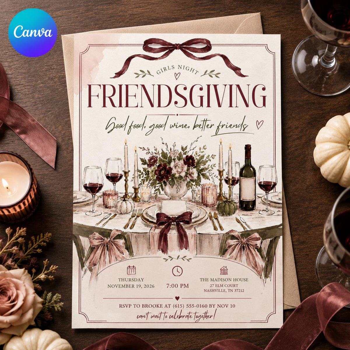 Burgundy Friendsgiving Invitation for Girls — editable Canva template
