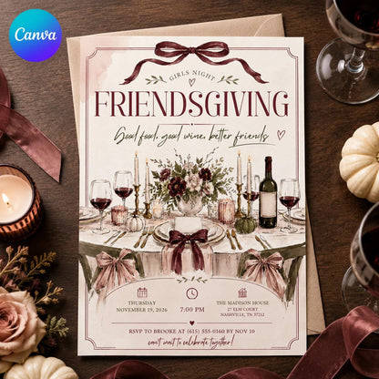Burgundy Friendsgiving Invitation for Girls — editable Canva template