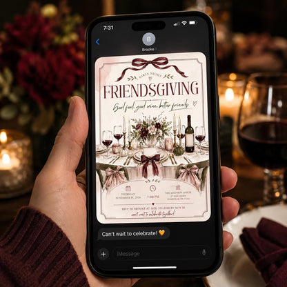 Burgundy Friendsgiving Invitation for Girls — bow and wine design