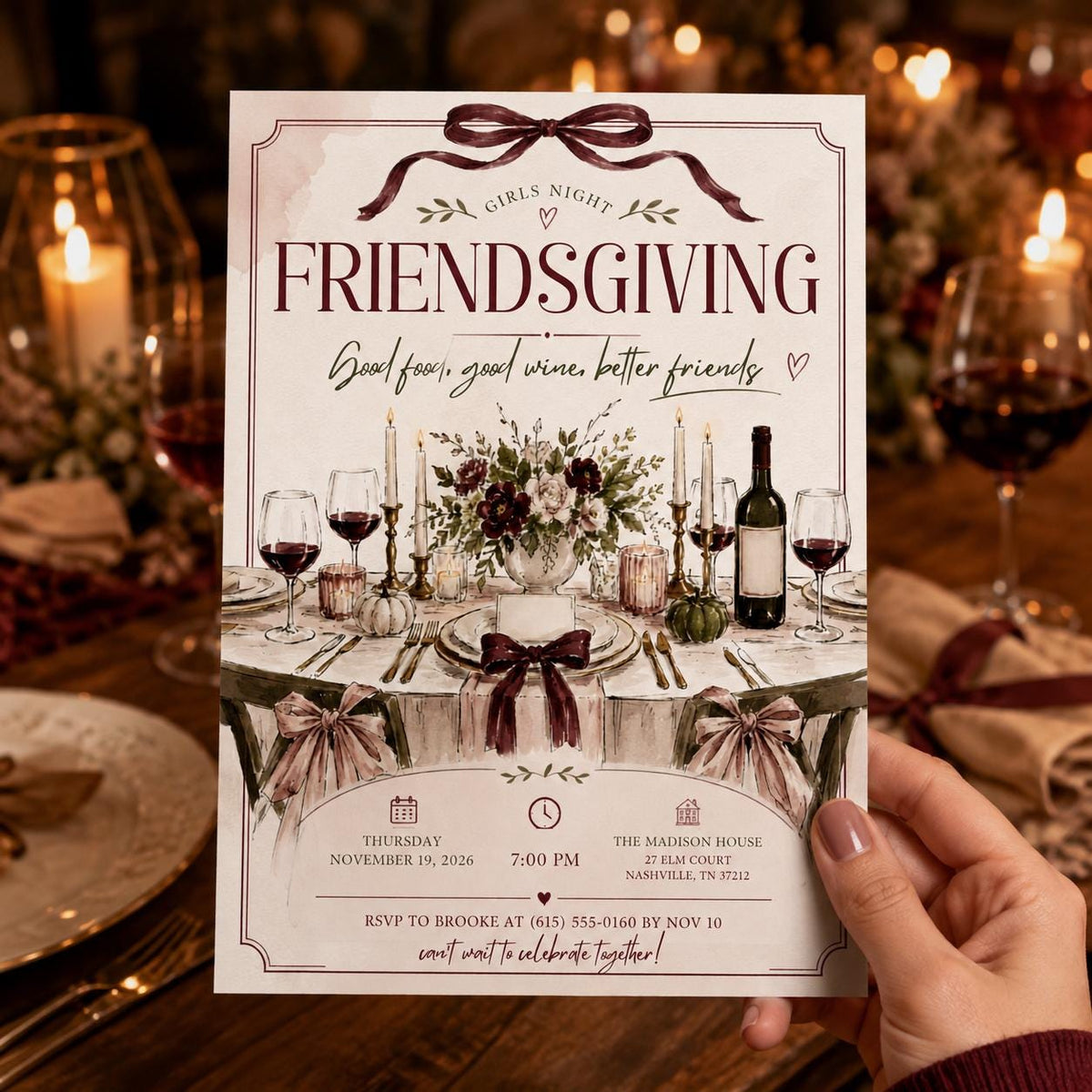 Burgundy Friendsgiving Invitation for Girls — invitation you personalize in Canva