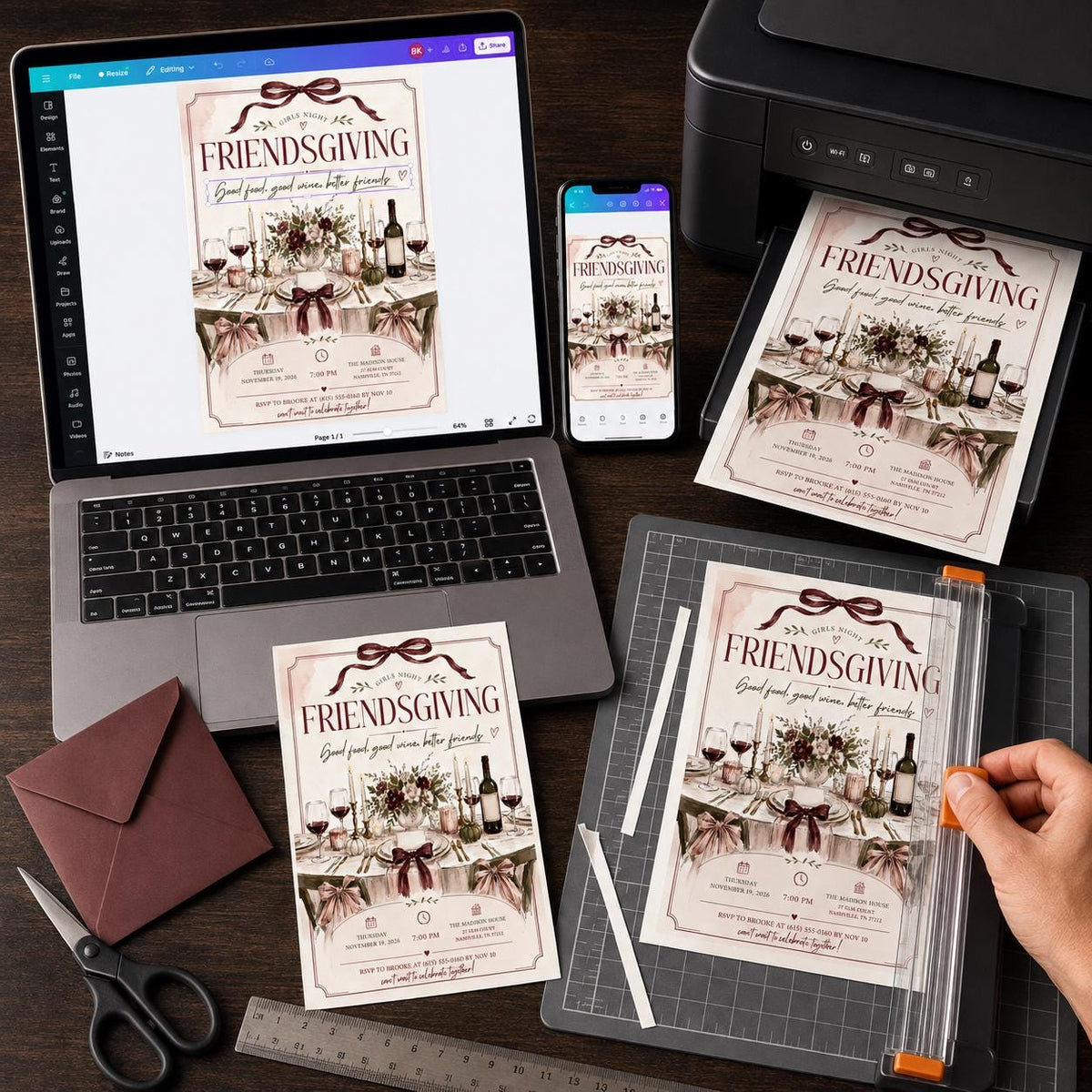 Burgundy Friendsgiving Invitation for Girls — print-ready Friendsgiving design from VoltBy