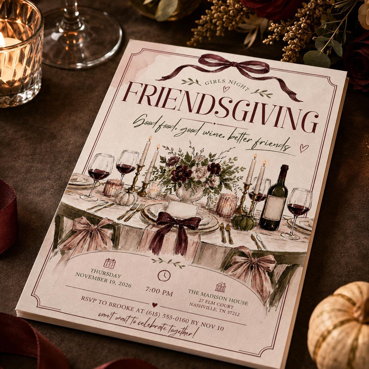 Burgundy Friendsgiving Invitation for Girls — digital invitation, instant download