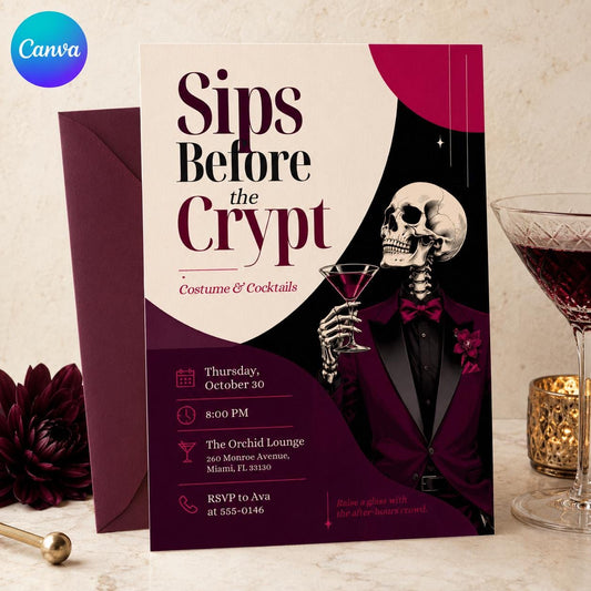 Burgundy Gothic Halloween Cocktail Party Invitation — editable Canva template
