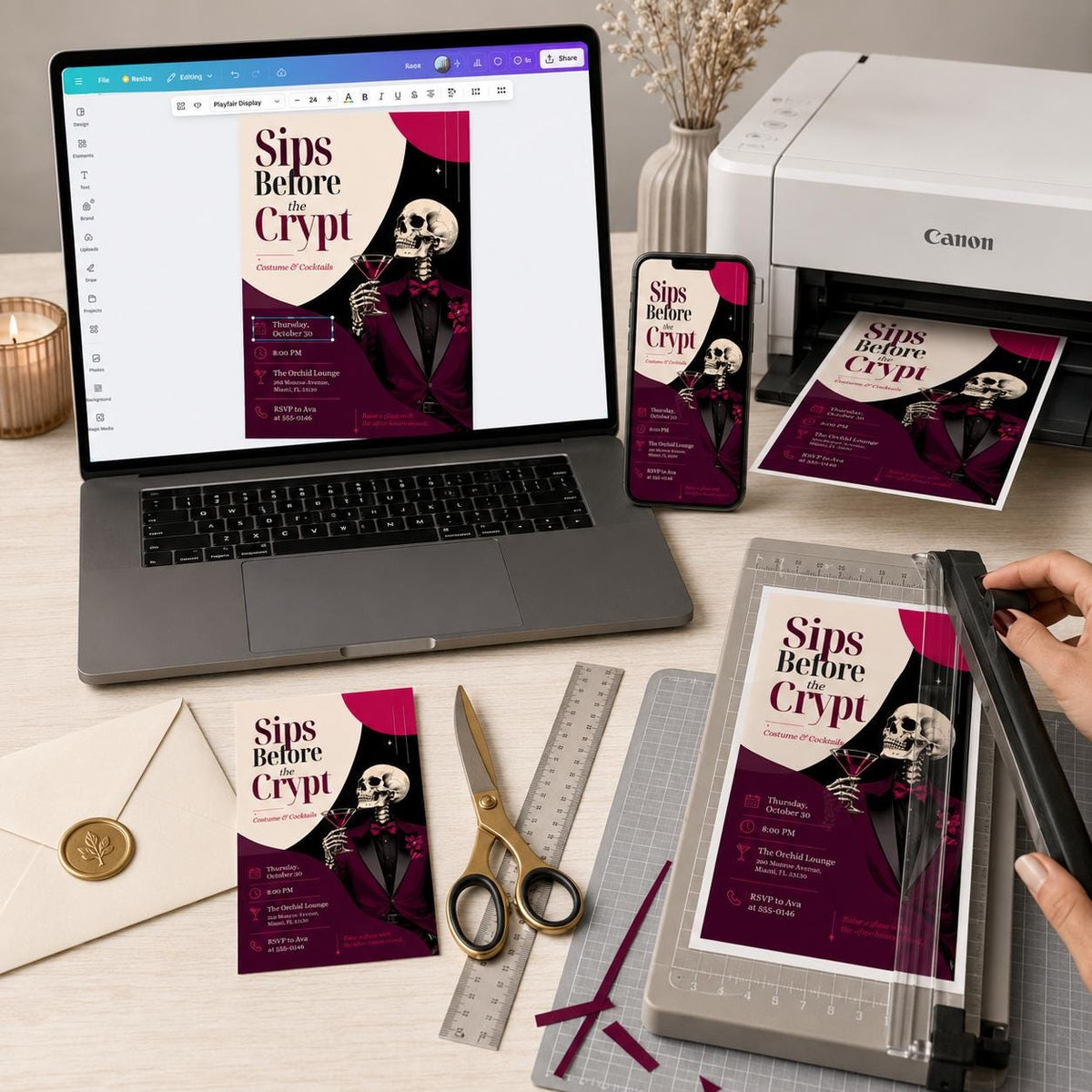 Burgundy Gothic Halloween Cocktail Party Invitation — invitation you personalize in Canva