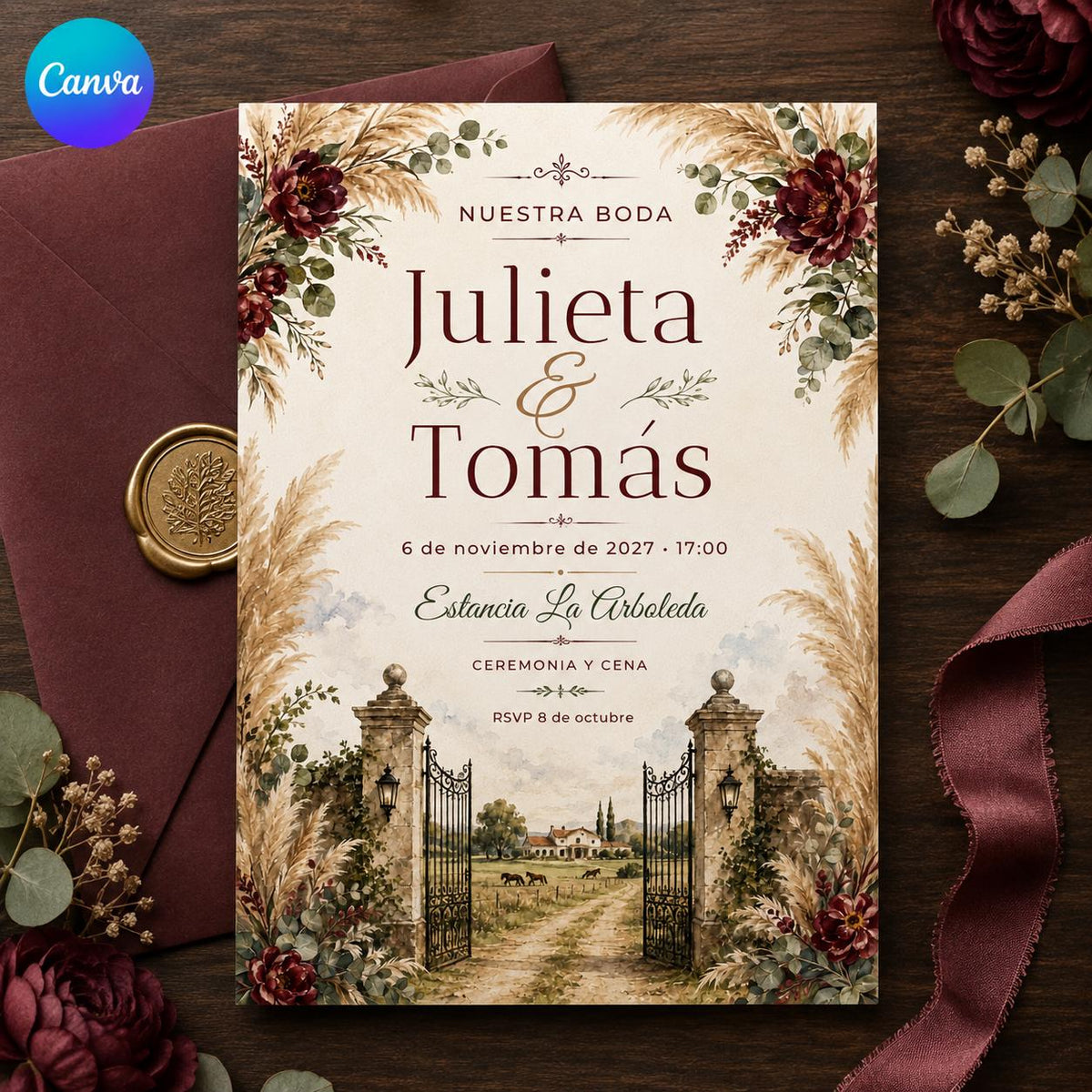 Burgundy Rustic Spanish Wedding Invitation — editable Canva template