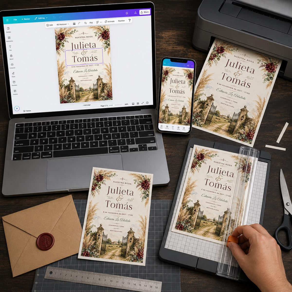 Burgundy Rustic Spanish Wedding Invitation — floral wedding design