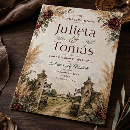 Burgundy Rustic Spanish Wedding Invitation — print-ready wedding design from VoltBy