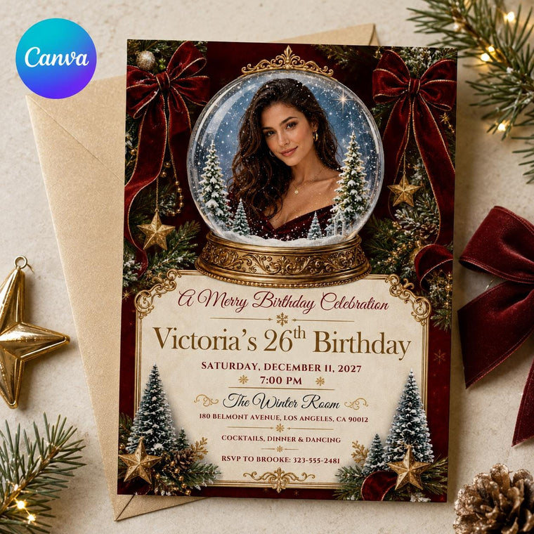 Burgundy Snow Globe Christmas 26th Birthday Invitation