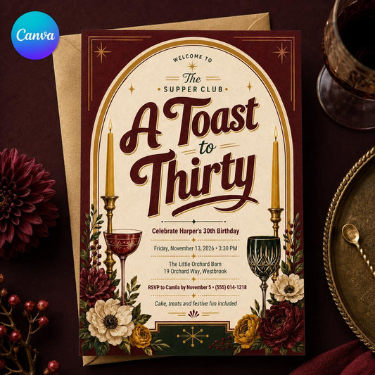 Burgundy Vintage 30th Birthday Dinner Invitation — editable Canva template