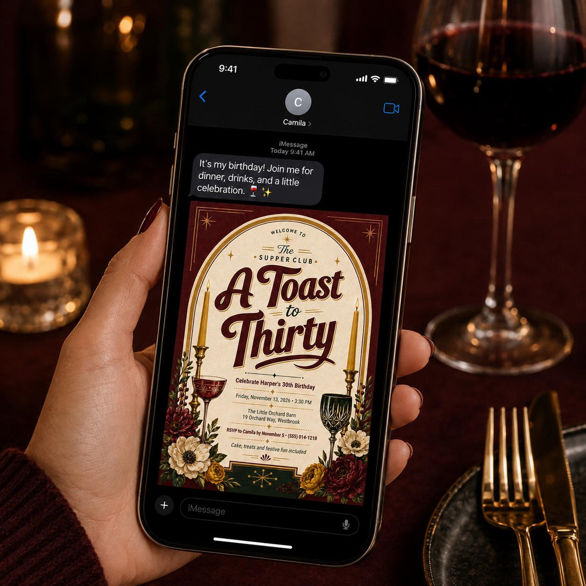 Burgundy Vintage 30th Birthday Dinner Invitation — invitation you personalize in Canva
