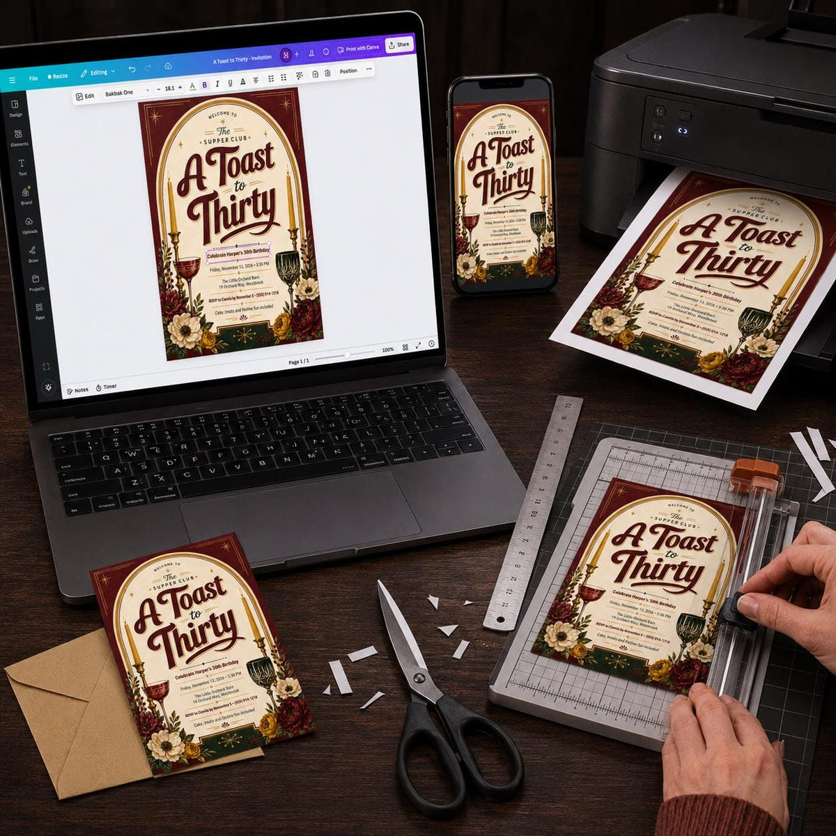 Burgundy Vintage 30th Birthday Dinner Invitation — print-ready 30th birthday party design from VoltBy