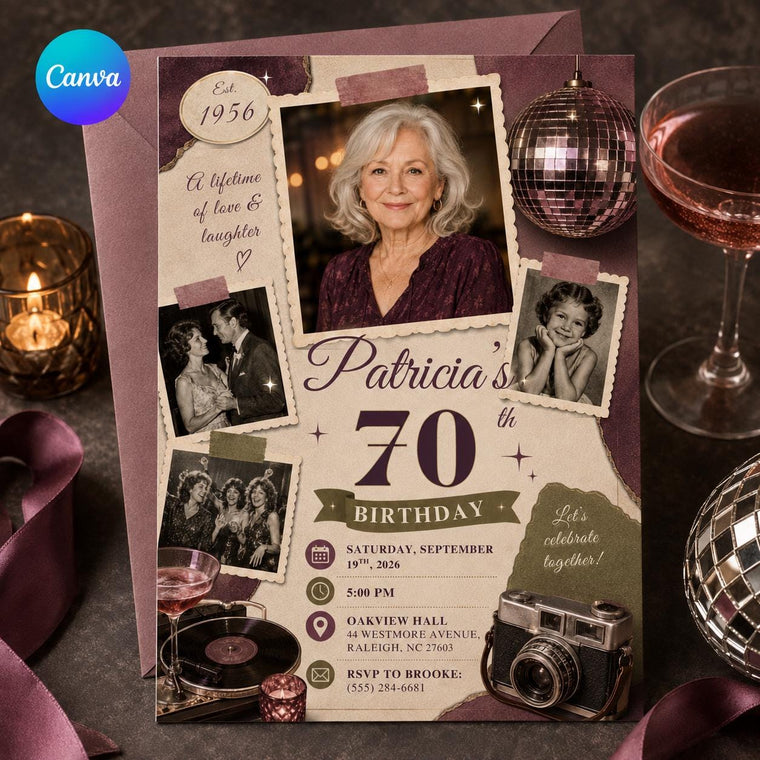Burgundy Vintage 70th Birthday Photo Invitation