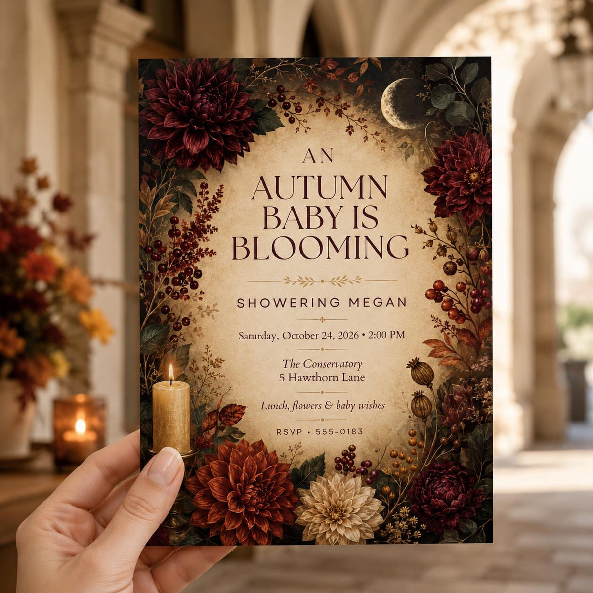 Burgundy Vintage Autumn Baby Shower Invitation — invitation you personalize in Canva