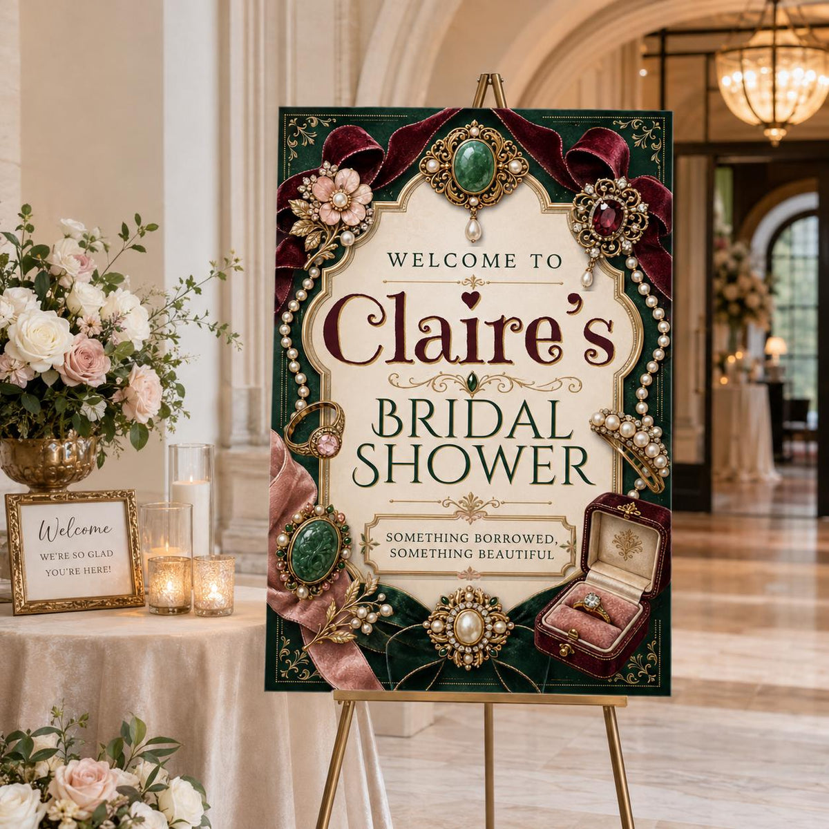 Burgundy Vintage Bridal Shower Welcome Sign — welcome sign you personalize in Canva