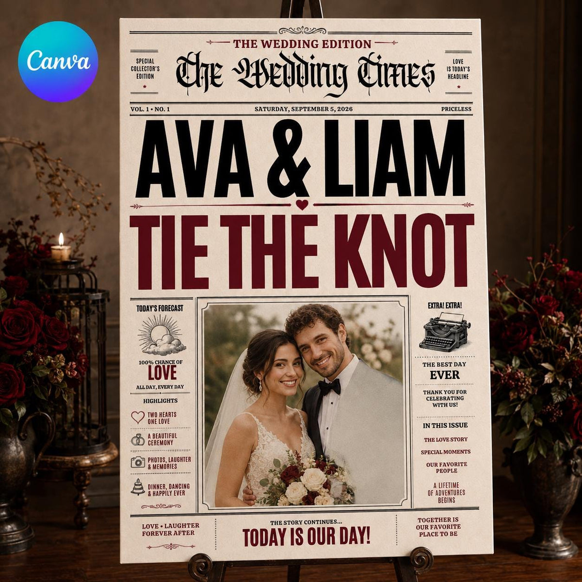 Burgundy Vintage Wedding Newspaper Welcome Sign — editable Canva template