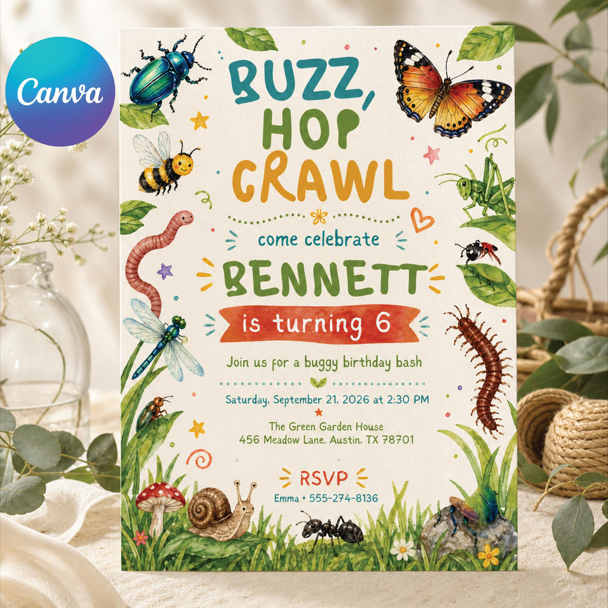 Buzz Hop Crawl Bug 6th Birthday Invitation — editable Canva template
