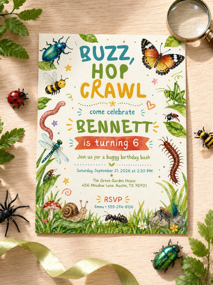 Buzz Hop Crawl Bug 6th Birthday Invitation in cream and green