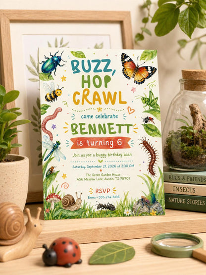 Buzz Hop Crawl Bug 6th Birthday Invitation — butterfly design