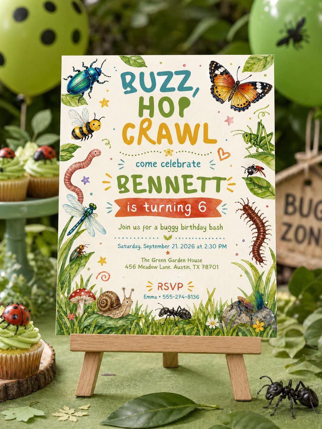Buzz Hop Crawl Bug 6th Birthday Invitation — invitation you personalize in Canva