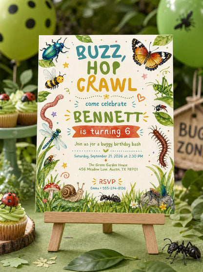 Buzz Hop Crawl Bug 6th Birthday Invitation — invitation you personalize in Canva