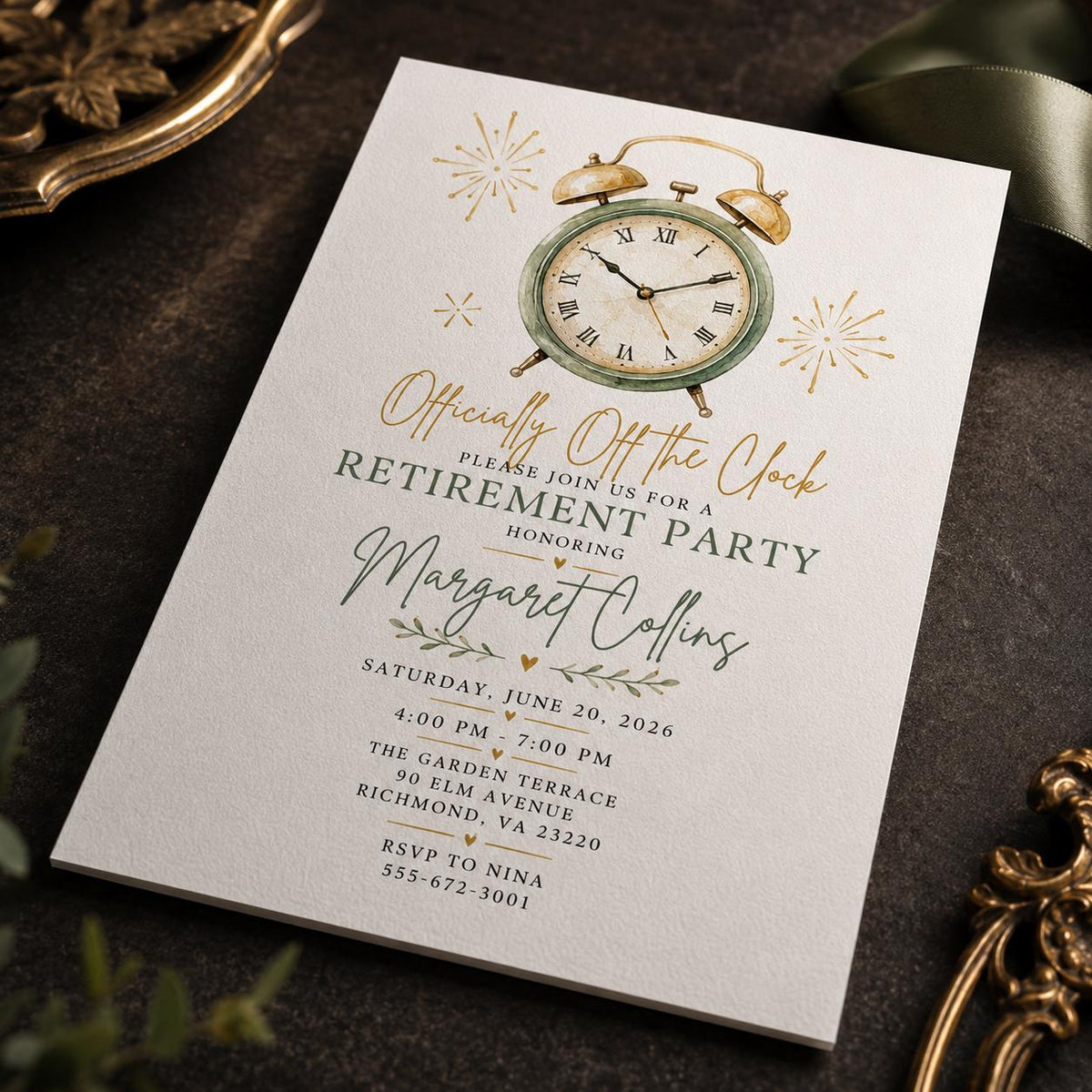 Retirement Party Invitation – Officially Off the Clock – Elegant Vintage Clock
