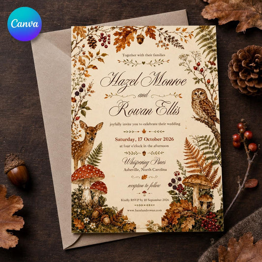 Autumn Woodland Wedding Invitation – Forest Deer Owl Mushroom Fall Wedding
