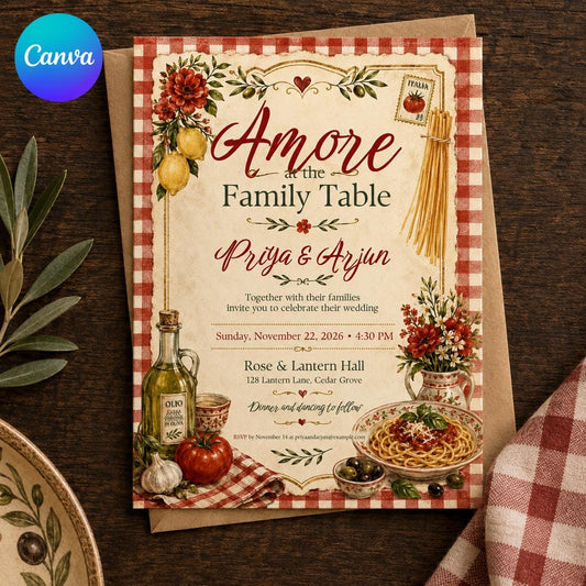 Italian Wedding Invitation – Amore Family Table Rustic Tuscany Pasta Lemon