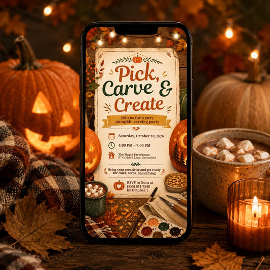 Pumpkin Carving Party Invitation: Fall Autumn — editable Canva template