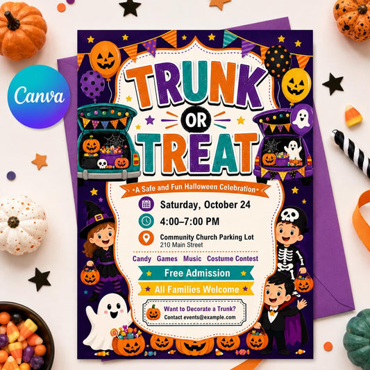 Purple and Orange Trunk or Treat Event Flyer — editable Canva template