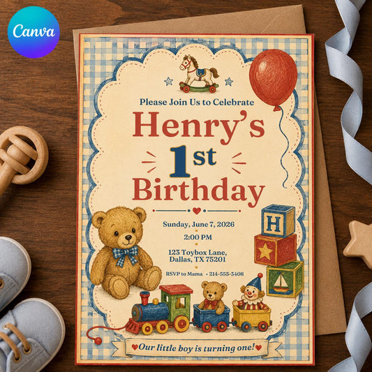 Vintage Teddy Bear First Birthday Invitation – Baby Boy Toy Train Party – Retro Nursery Birthday Invite