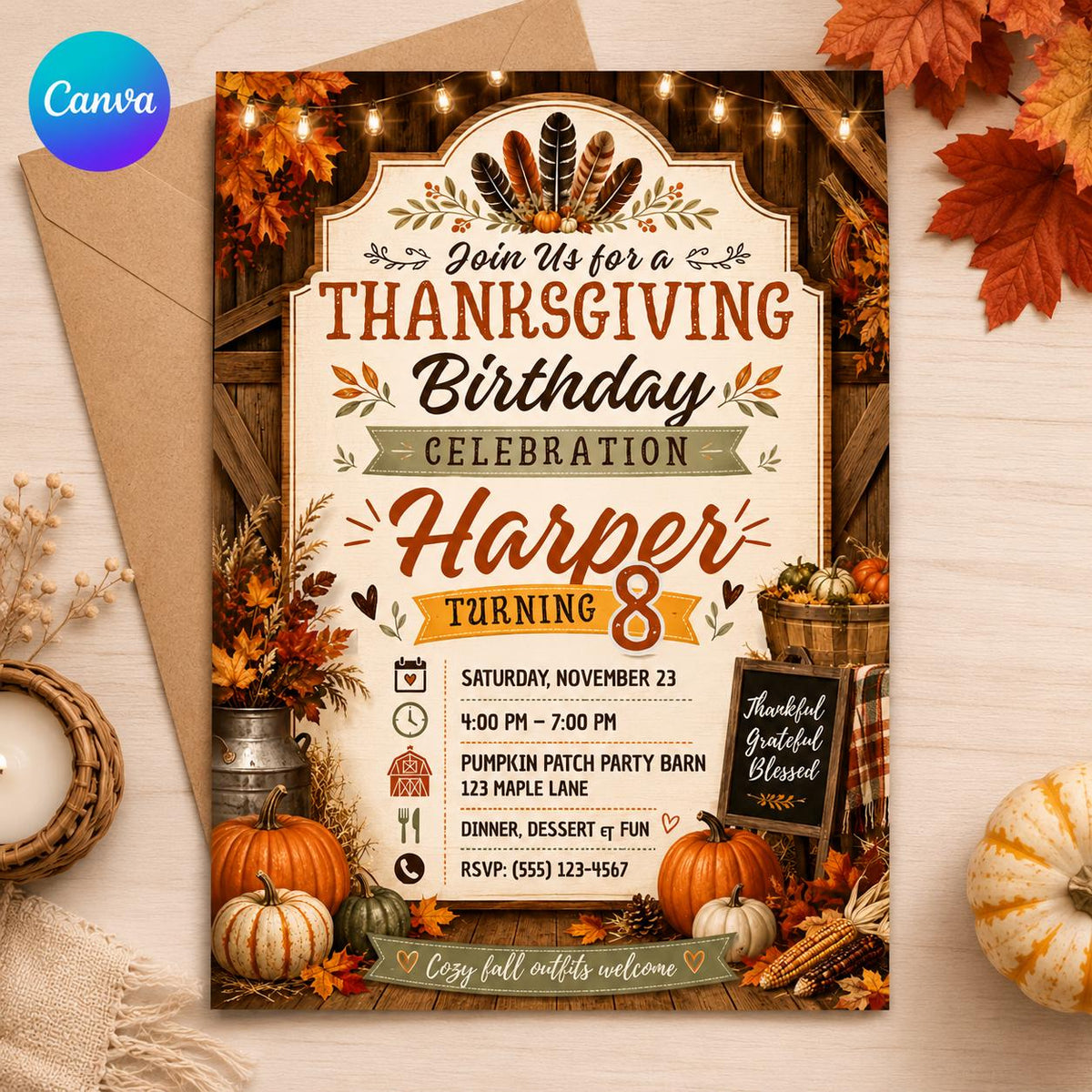 Thanksgiving Birthday Invitation, Rustic Fall 8th Birthday Girl, Turkey Harvest Editable Printable Canva Template