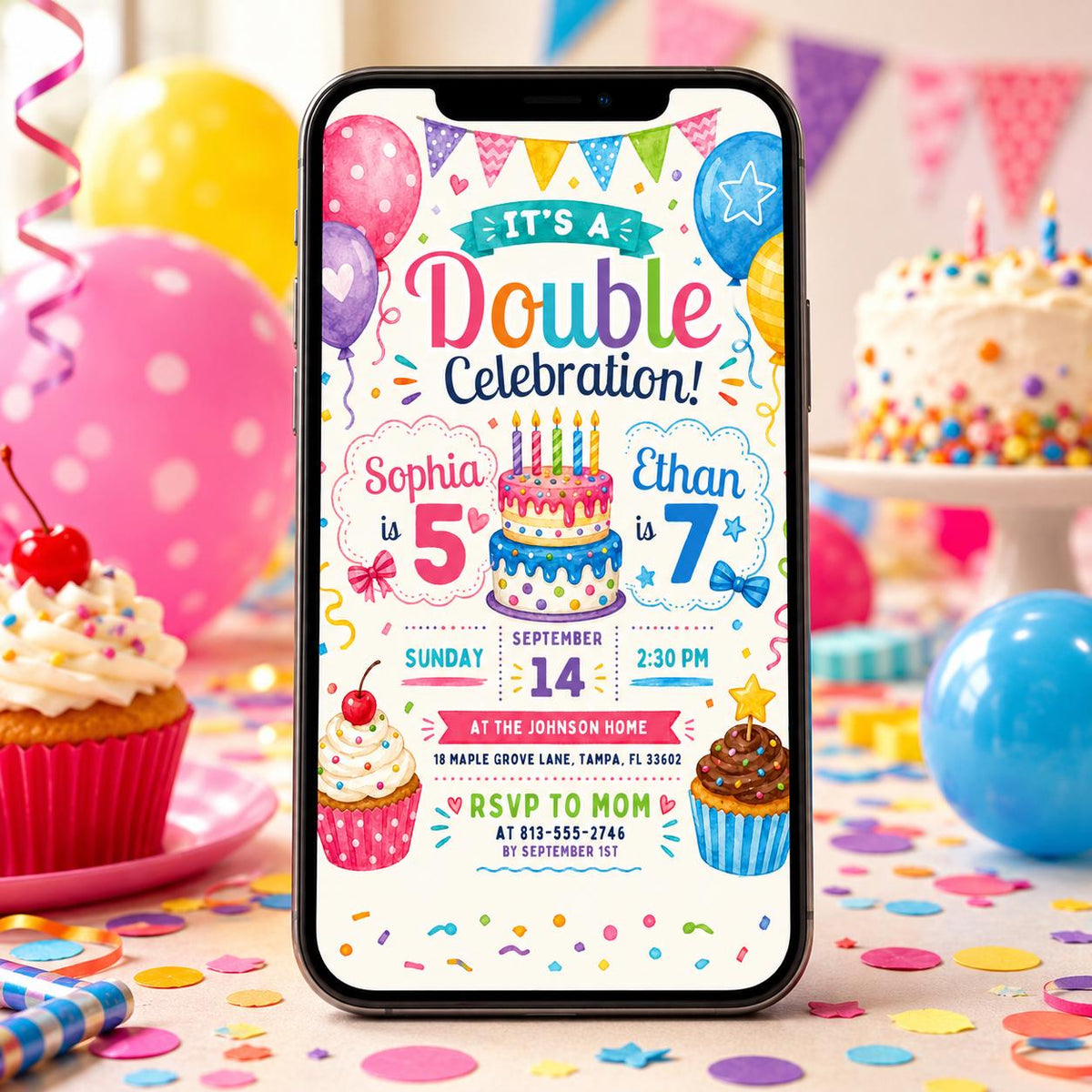 Cake and Balloons Joint 5th and 7th Birthday Invitation — invitation you personalize in Canva