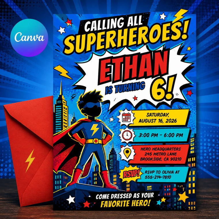 Calling All Superheroes 6th Birthday Invitation